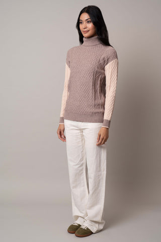 Model is wearing the two-tone-turtle-neck-pullover in Buckskin Heather/Bleached Sand