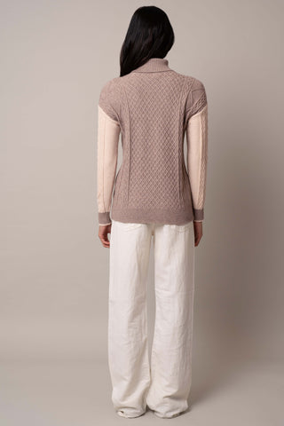 Model is wearing the two-tone-turtle-neck-pullover in Buckskin Heather/Bleached Sand