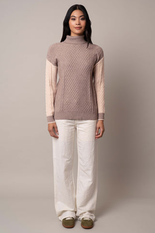 Model is wearing the two-tone-turtle-neck-pullover in Buckskin Heather/Bleached Sand