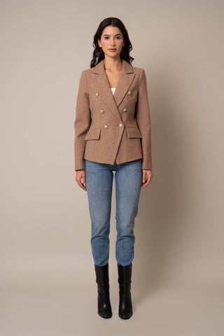 Model is wearing the Blazer With Pockets in Tan.