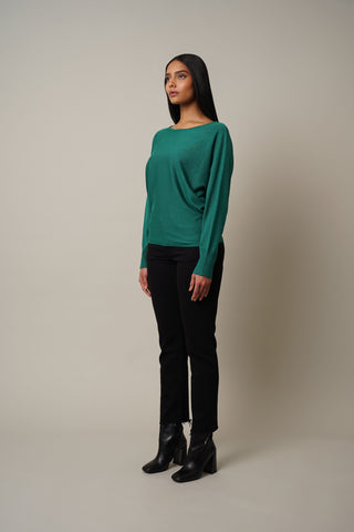 Model is wearing the Jersey Dolman Pullover in Evergreen.