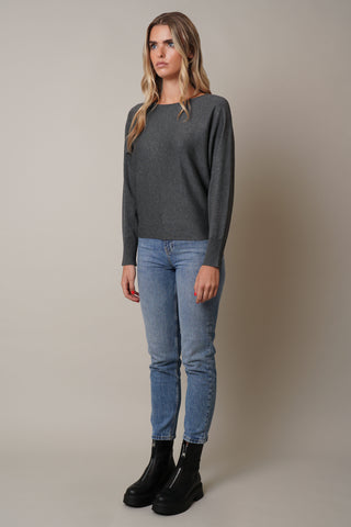 Model is wearing the long-sleeve-dolman-sweater in Charcoal Heather