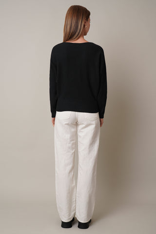 Model is wearing the dolman-boat-neck-sweater in Black