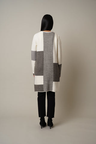 Model is wearing the Boat Neck Sweater in Grey Combo.