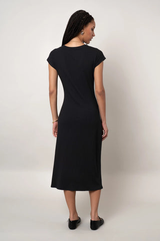 black twist front midi dress Reiss Velvet Ruched Twist-Front Midi Dress in Black