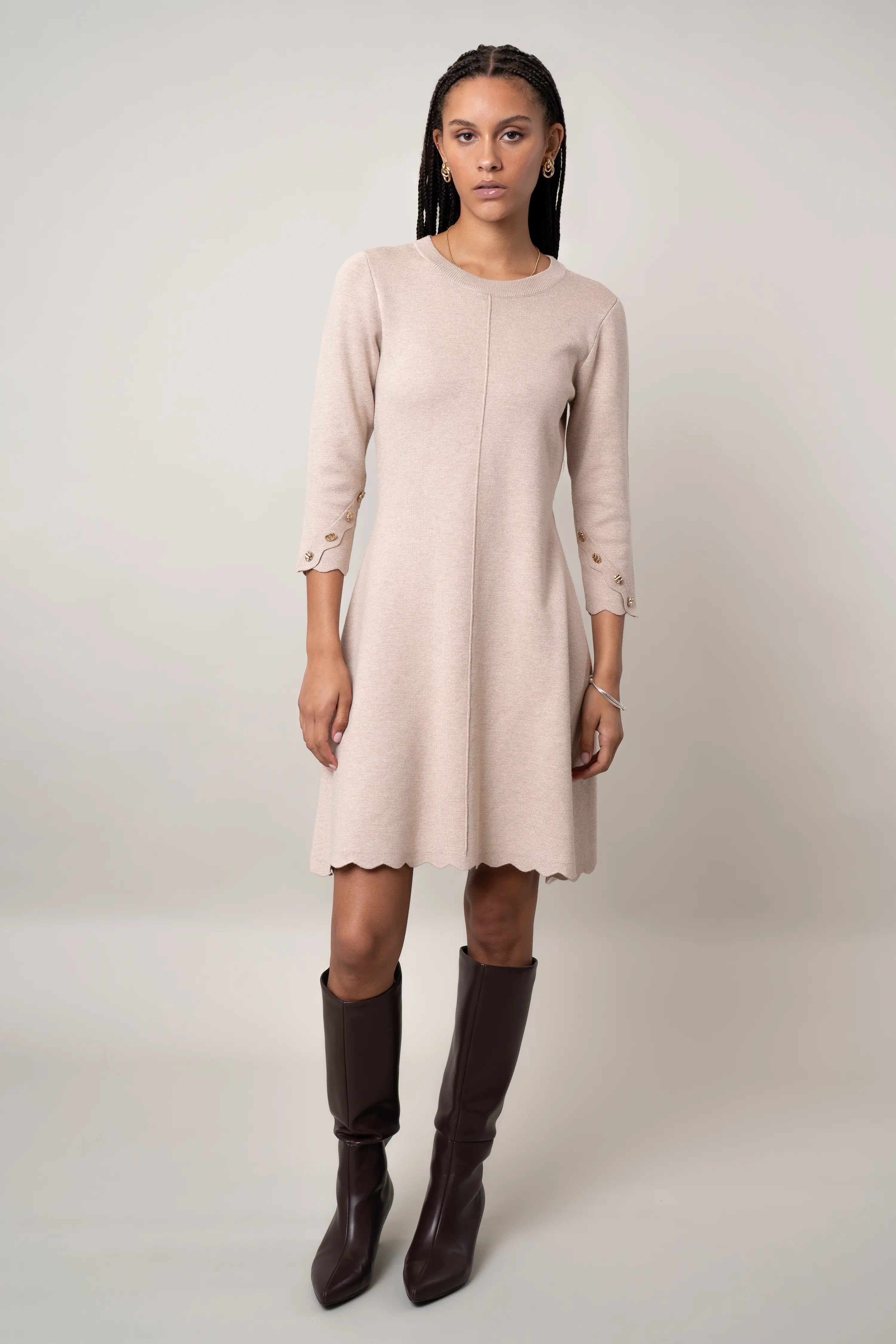 nine britton trinity knit scalloped dress Cream Jersey Knit Scallop Hem Cotton Mini Dress