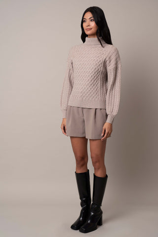 Model is wearing the balloon-sleeve-turtle-neck-sweater in Kitten Heather