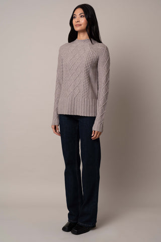 Model is wearing the cable-funnel-neck-pullover in Cinder