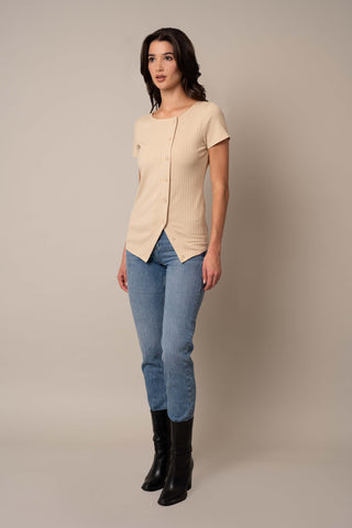 Model is wearing the Asymmetrical Button-Down in Wood Ash.