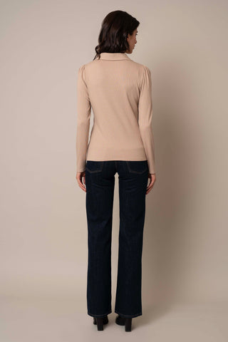 Model is wearing the Ribbed Long Sleeve Shirt With Collar in Almond.