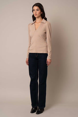 Model is wearing the Ribbed Long Sleeve Shirt With Collar in Almond.