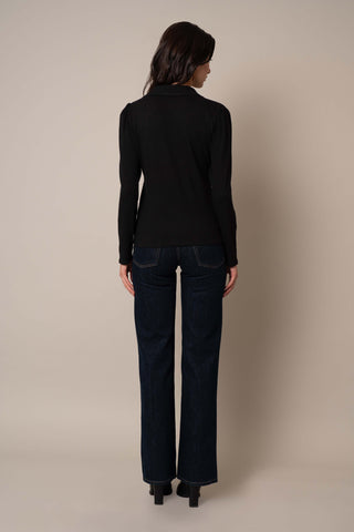 Model is wearing the Ribbed Long Sleeve Shirt With Collar in Black.